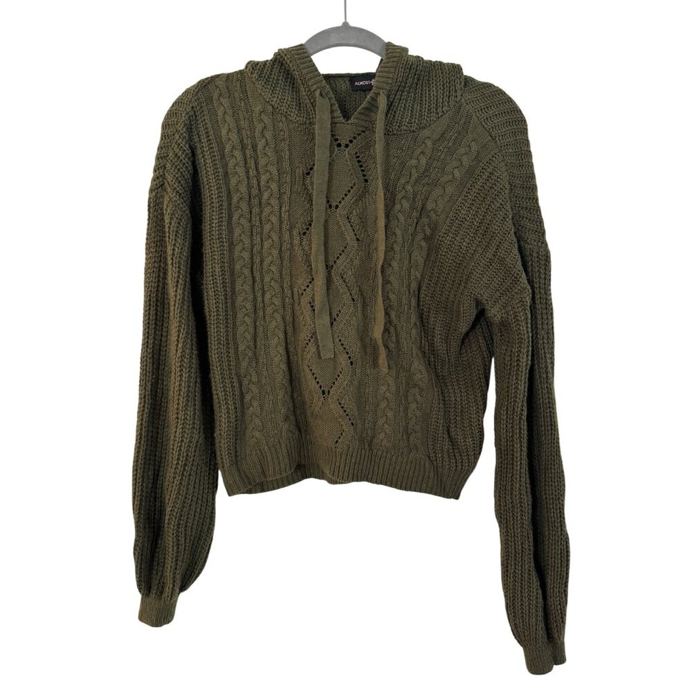 Almost Famous Hooded Cable Knit Sweater Women M Olive Green Acrylic Pullover Top